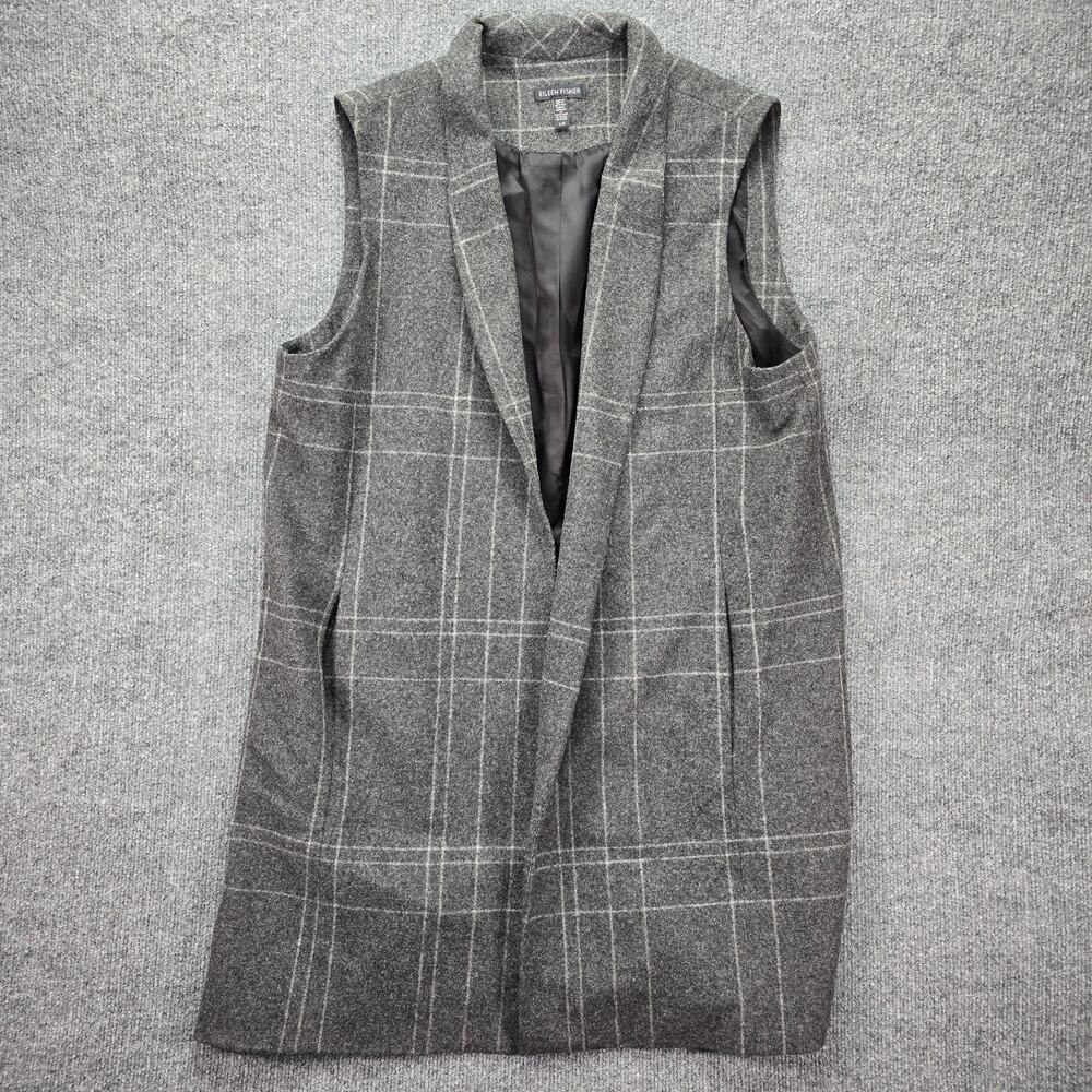 Eileen Fisher Vest Womens Large Dark Ash Gray Windowpane Wool Blend Long Flannel